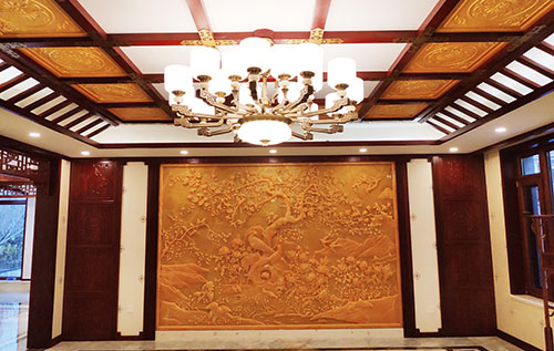 册亨中式别墅客厅中式木作横梁吊顶装饰展示